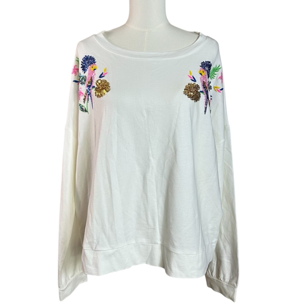 Lilly Pulitzer XL Sheridan Long Sleeve Sweatshirt in Resort White Sequin Parrot - Picture 4 of 11